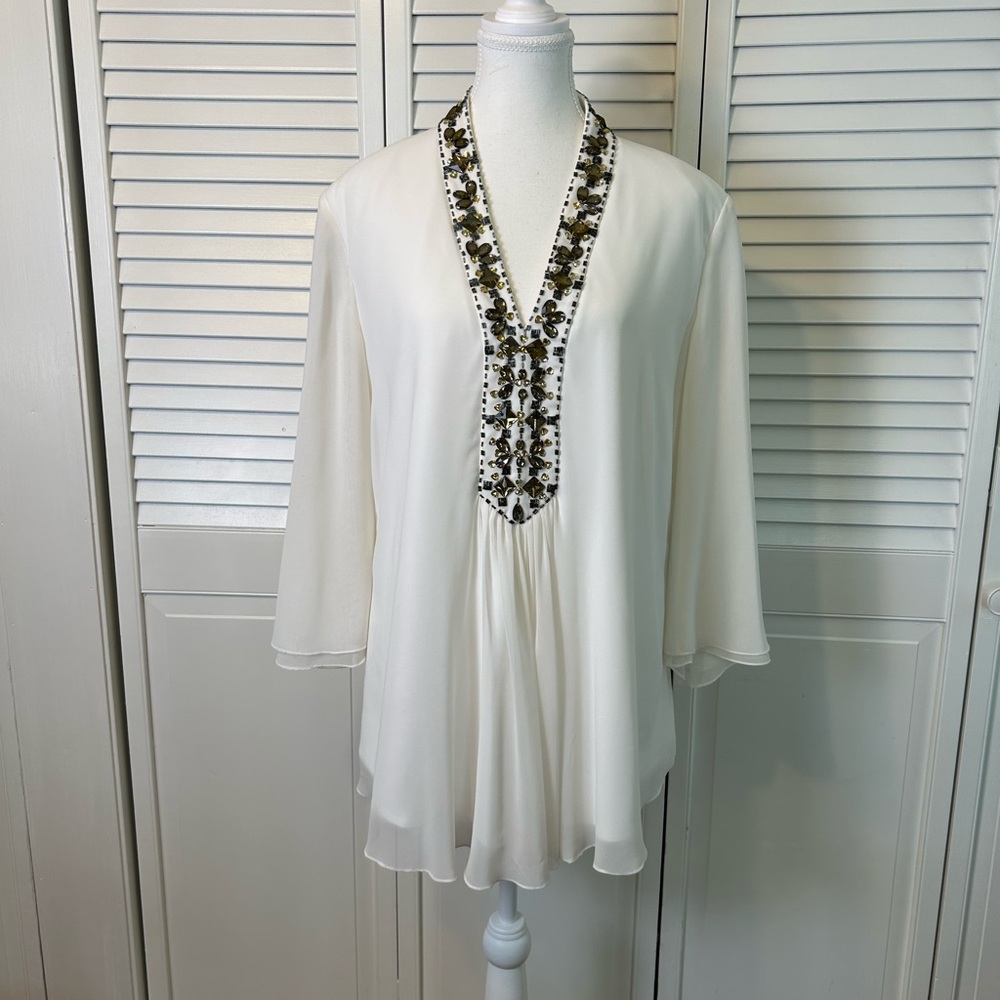 Tadashi Shoji Cream Tunic with Beaded Neckline Size 14 EUC